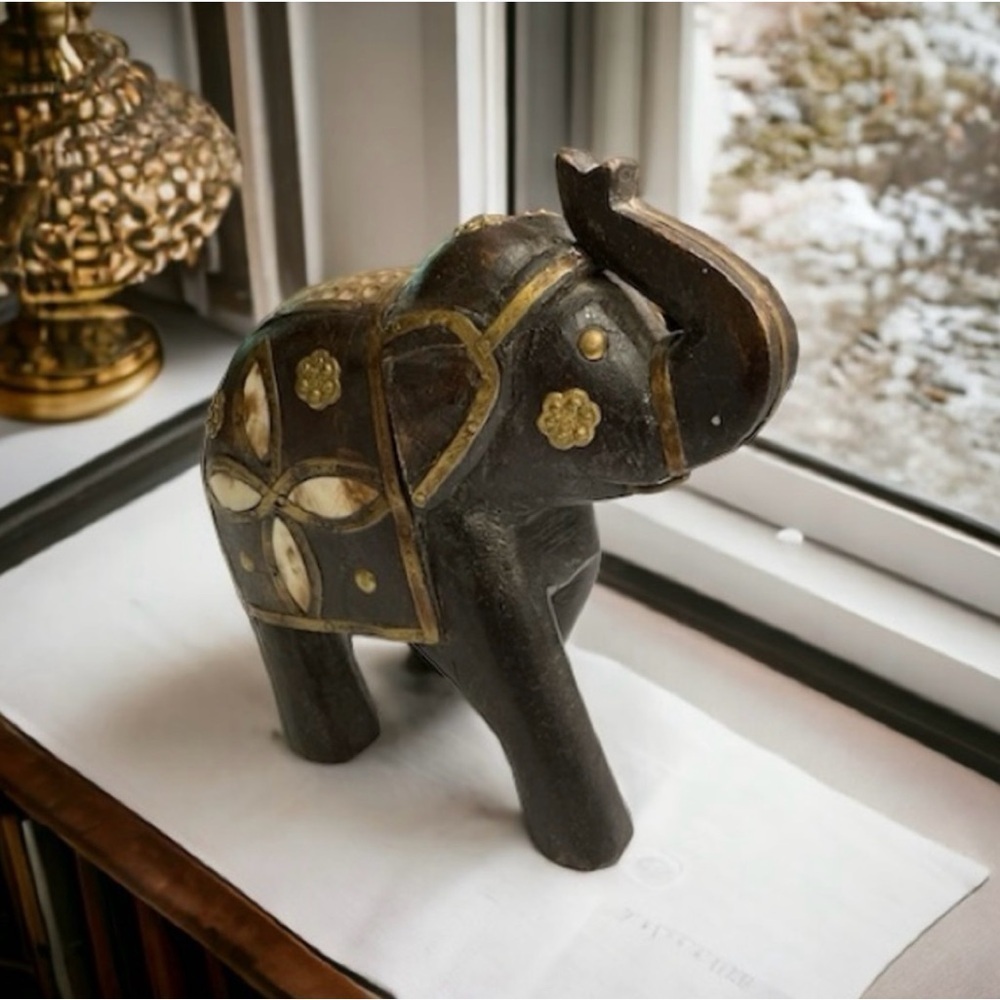 VINTAGE HAND CARVED,  WOODEN ELEPHANT STATUE WITH BRASS & BONE INLAY
